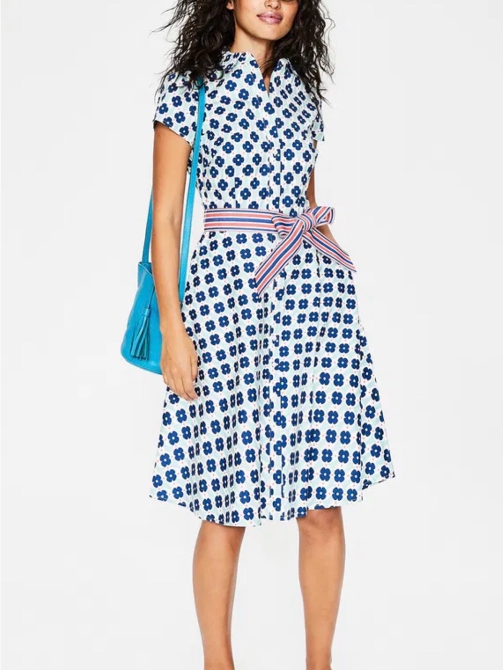 Boden Blue Floral A-Line Dress with Striped Waist Tie